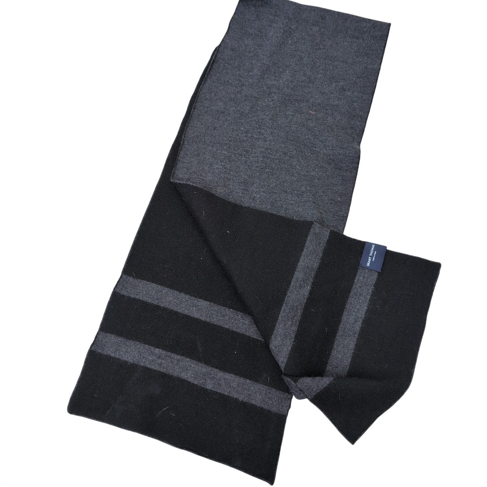 Grant Thomas Mens 100% Lambswool Scarf Black Charcoal Grey Striped Reversible